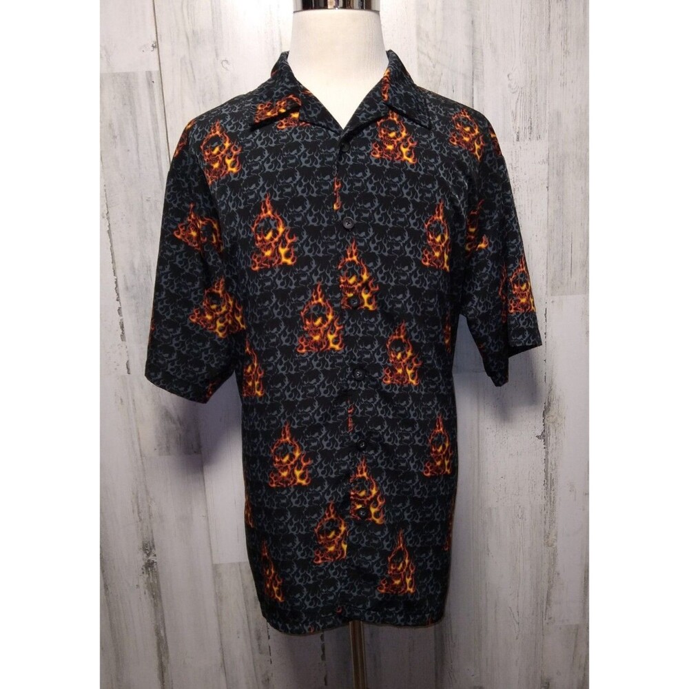 Breakdown Poly Camp Shirt Fire Skulls Men's  sz XLarge no pocket 52" Chest